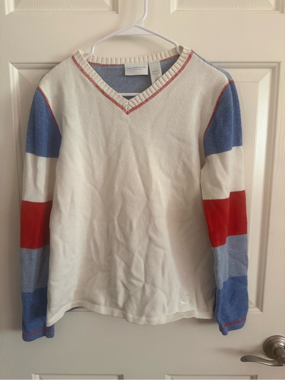 Liz Claiborne Cream V-Neck Sweater with Blue and Red Sleeve Blocks